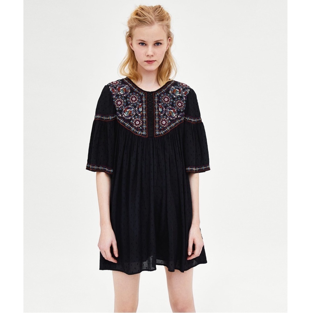 ZARA Plumetis Embroidered Dress Sz M